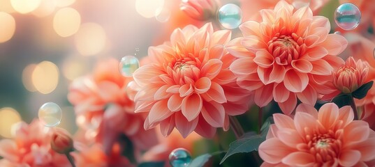 Canvas Print - Beautiful Blooming Dahlias with Soap Bubbles Under Soft Sunlight A Dreamy Floral Background