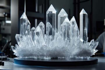 Poster - Sparkling crystal formations displayed on a circular mount in a modern laboratory setting