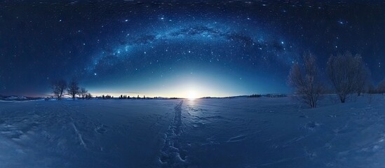 Wall Mural - Panoramic winter landscape featuring a deep blue night sky with stars, a snow-covered ground, and a glowing horizon under a serene atmosphere.