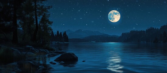 Wall Mural - Serene night scene featuring a glowing full moon over a tranquil lake surrounded by silhouetted trees and distant mountains under a starry sky.