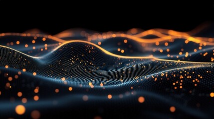 Poster - Abstract polygonal background with dark blue and orange colors, glowing dots on a black space forming a digital network or universe