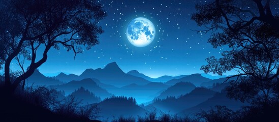 Wall Mural - Serene night landscape featuring a radiant full moon illuminating a blue-hued mountain range under a starry sky, with silhouetted trees in the foreground.