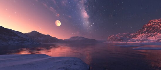 Wall Mural - Serene night landscape showcasing a tranquil lake reflecting a starry sky with a glowing moon and mountains in soft violet and blue hues.