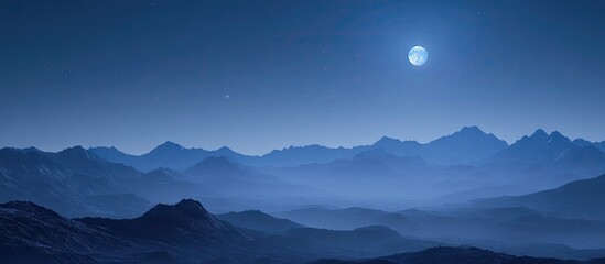 Wall Mural - Serene moonlit landscape at night with blue hues, featuring distant mountains under a bright moon and subtle starry sky.