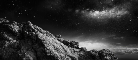 Wall Mural - Black and white natural landscape with textured rocky foreground and a starry sky above, showcasing dramatic contrasts and expansive depth.