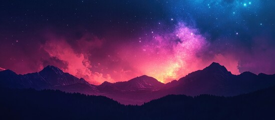 Wall Mural - Stunning night sky with vibrant pink and blue colors over majestic mountains, creating a breathtaking cosmic landscape and serene atmosphere.