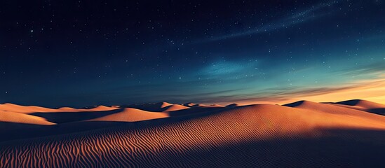 Wall Mural - Aurora borealis illuminates the night sky with vibrant green and blue hues over golden sand dunes creating a serene desert landscape at dusk