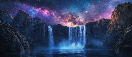 Wall Mural - Serene colorful waterfall cascading into reflective waters beneath a stunning Milky Way galaxy in deep blues and purples with dramatic rock formations.