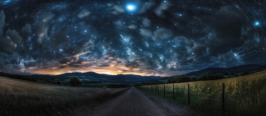 Wall Mural - Panoramic view of a twilight sky with the Milky Way and the Scorpius constellation illuminated over rolling hills and a dirt path in the foreground