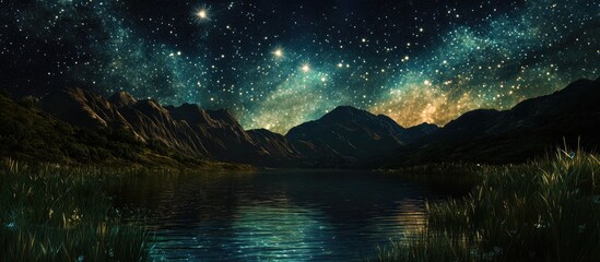 Wall Mural - Majestic night sky filled with stars above tranquil lake surrounded by mountains and lush grass highlighted by vibrant auroras in deep blues and greens.