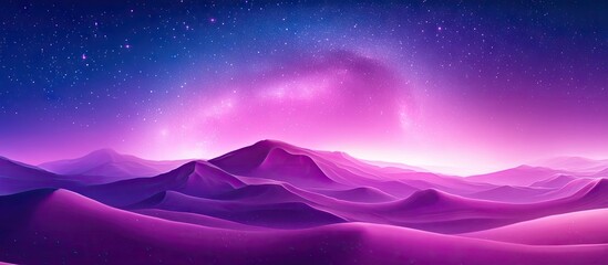 Wall Mural - Majestic purple and blue landscape with rolling hills under a starry sky featuring vibrant gradient hues from pink to deep blue.