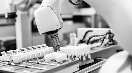 Poster - Robotic arm factory line vector illustration, robot technology of production assembly on conveyor belt. Robotics concept. Modern manufacturing equipment. Futuristic industry machine. Automatic device.