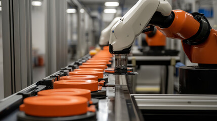 Poster - Robotic arm factory line vector illustration, robot technology of production assembly on conveyor belt. Robotics concept. Modern manufacturing equipment. Futuristic industry machine. Automatic device.