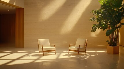 Poster - Quiet reflection two chairs in a sunlit modern lobby interior design minimalist environment serene viewpoint
