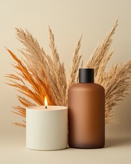 Poster - Creating a cozy atmosphere with natural decor candle and pampas grass arrangement in a minimalist setting