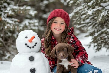 Poster - Girl with her puppy and snowman in the snow. AI.