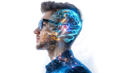 artificial intelligence concept with double exposure on a white background. a man in glasses is thin