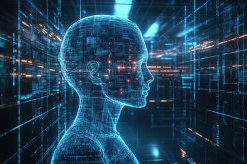 Fototapete - Digital representation of a human-like figure in a futuristic environment