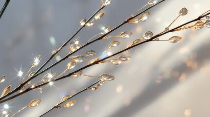 Poster - glittering water droplets on delicate twigs nature scene close-up bright background serenity