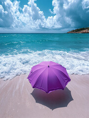 Wall Mural - Bright purple umbrella on sandy beach under blue sky