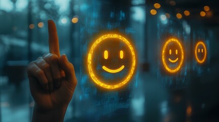 Poster - digital customer satisfaction survey with a finger pressing the happiest smiley face and correct icon option 