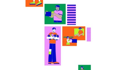 Poster - Consumerism and shopping habits bento grid animation. Spam marketing. Fast fashion. Eco conscious consumers collage motion 4K video web design. Animated cartoon characters collection mood board