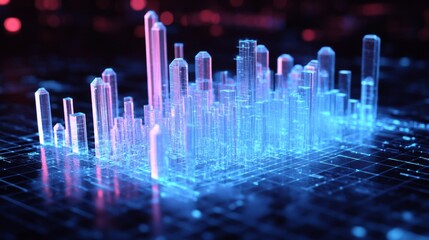 Aufkleber - D bar graph with transparent bars on a digital grid, glowing neon lines on the base, creating a high-tech and futuristic data visual