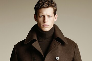 Wall Mural - A young man wearing a brown coat and turtleneck, posing against a neutral background.