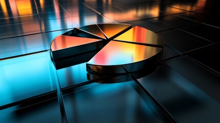 Poster - Abstract D pie chart with metallic finishes on each slice, arranged on a reflective surface, creating a high-tech look for data visualization