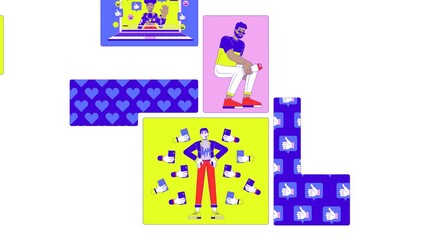Poster - Social media popularity and influencers culture bento grid animation. Diverse content creators likes followers collage motion 4K video web design. Animated cartoon characters collection mood board