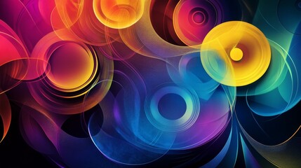 Poster - Abstract graphic with circular forms and swirling lines in bold colors, conveying a sense of energy and movement on a dark gradient background