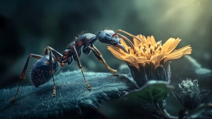 Poster - Ants interacting with a delicate flower on a leaf, highlighting the symbiotic relationship between insects and plants in a natural setting