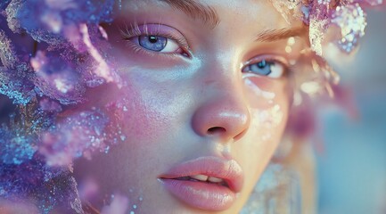 Poster - beautiful girl of model appearance with shining and iridescent skin with vibrating colors. Fashion and glamour concept.