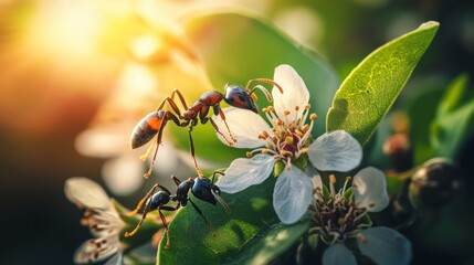 Poster - Ants interacting with a delicate flower on a leaf, highlighting the symbiotic relationship between insects and plants in a natural setting