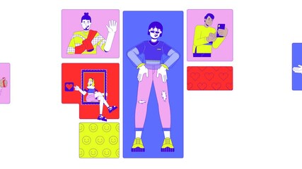 Poster - Social media trends and digital identity bento grid animation. Diverse influencers, content creators likes collage motion 4K video web design. Animated cartoon characters collection mood board
