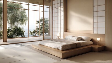 Poster - An elegant view of a traditional Japanese bedroom with minimalist decor, showcasing a wooden headboard, delicate textiles, and a calming color palette