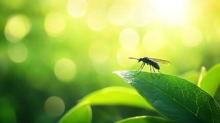 Poster - An insect perched on a bright green leaf, with sunlight filtering through the foliage, creating a soft, ethereal atmosphere in the garden