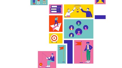 Poster - Business strategy and effective teamwork bento grid animation. Corporate success, professional collaboration collage motion 4K video web design. Animated cartoon characters collection mood board