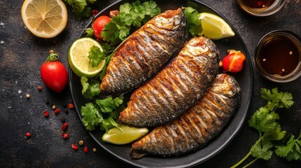 Poster - An overhead shot of deep-fried fish fillets arranged neatly on a plate, drizzled with fish sauce and garnished with fresh vegetables for a pop of color
