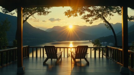 Poster - A beautiful sunrise over a mountain landscape viewed from a quiet meditation area, creating a serene setting perfect for reflection