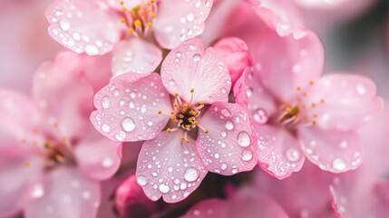 Poster - A close-up shot of cherry blossoms with dew droplets glistening on the petals, highlighting the intricate details and the freshness of spring in a serene setting