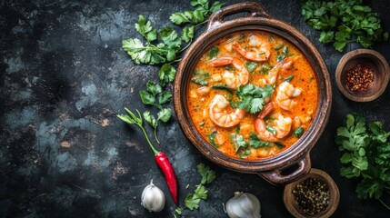 Poster - A dramatic image of hot shrimp tom yum served in a clay pot, with fresh herbs and spices surrounding it, emphasizing the dishs aromatic and flavorful nature