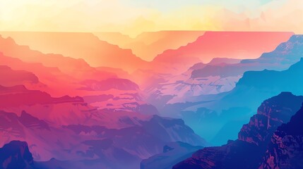 Poster - A vibrant and colorful illustration of a mountain range at sunset.