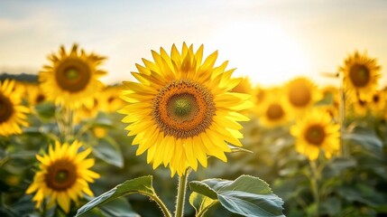 Poster - A dynamic photograph capturing the movement of sunflowers turning towards the sun, with rows of plants stretching into the distance, symbolizing growth and vitality