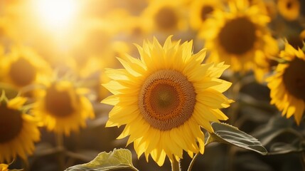 Poster - A dynamic photograph capturing the movement of sunflowers turning towards the sun, with rows of plants stretching into the distance, symbolizing growth and vitality