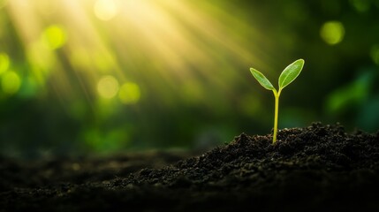 Aufkleber - A minimalist scene featuring a single bean sprout emerging from the soil, symbolizing growth and potential, captured in soft natural light
