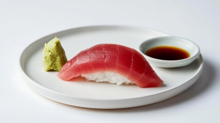 Poster - A minimalist shot of a single slice of sashimi on a pristine white plate, accented by a small pile of wasabi and a delicate soy sauce dish beside it