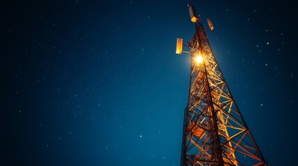 Aufkleber - A nighttime shot of a telecommunications tower illuminated by soft lights, with stars twinkling in the background, creating a serene and high-tech atmosphere