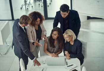Aufkleber - Discussion, business meeting and people with laptop, online and brainstorming with technology. Boardroom, colleagues and group with info for project, planning and teamwork for ideas or top view