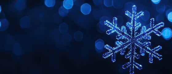 Wall Mural - Close-up of a sparkling blue snowflake against a bokeh background.